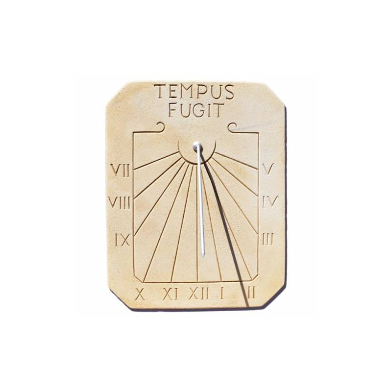 Cadran solaire vertical en pierre - motif Tempus Fugit Cadran solaire vertical en pierre - motif Tempus Fugit