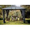 Gloriette aluminium avec rideaux toit 4 pentes coloris gris anthracite