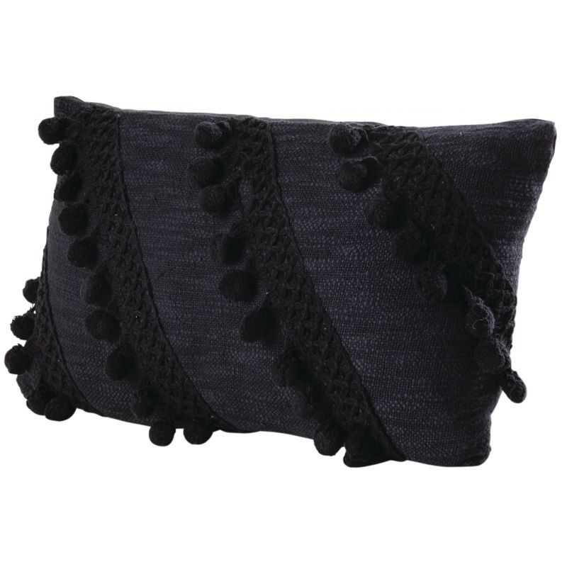 Coussin en coton pompons noir