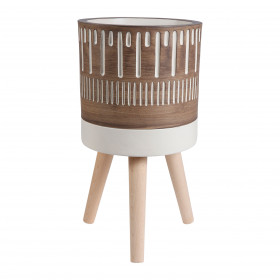 Pot cylindrique pied bois decor ethnique marron/blanc Ø29 x H31 cm
