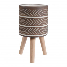 2 pots cylindriques pieds bois decor ethnique marron/blanc Ø22 x H23 cm