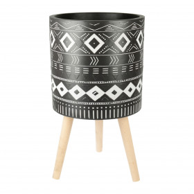 Pot cylindrique pied bois decor ethnique noir/blanc Ø39 x H40 cm