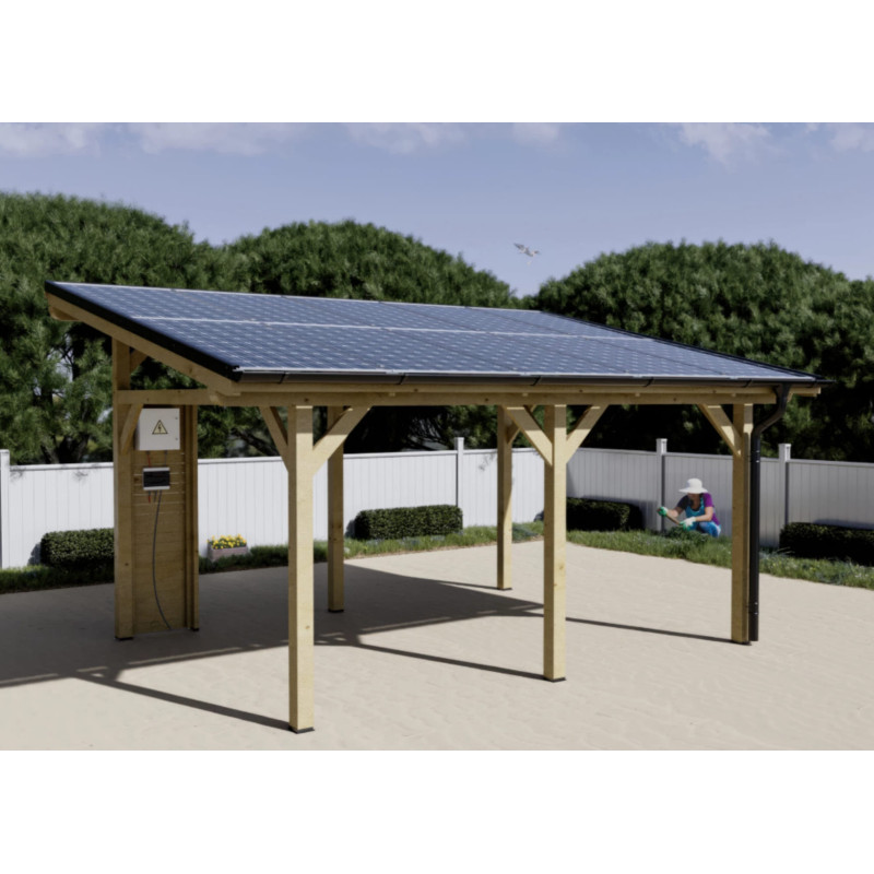 Auvent bois lamellé collé avec panneaux solaires photovoltaïques 5 KWc Bois naturel WATTOIT
